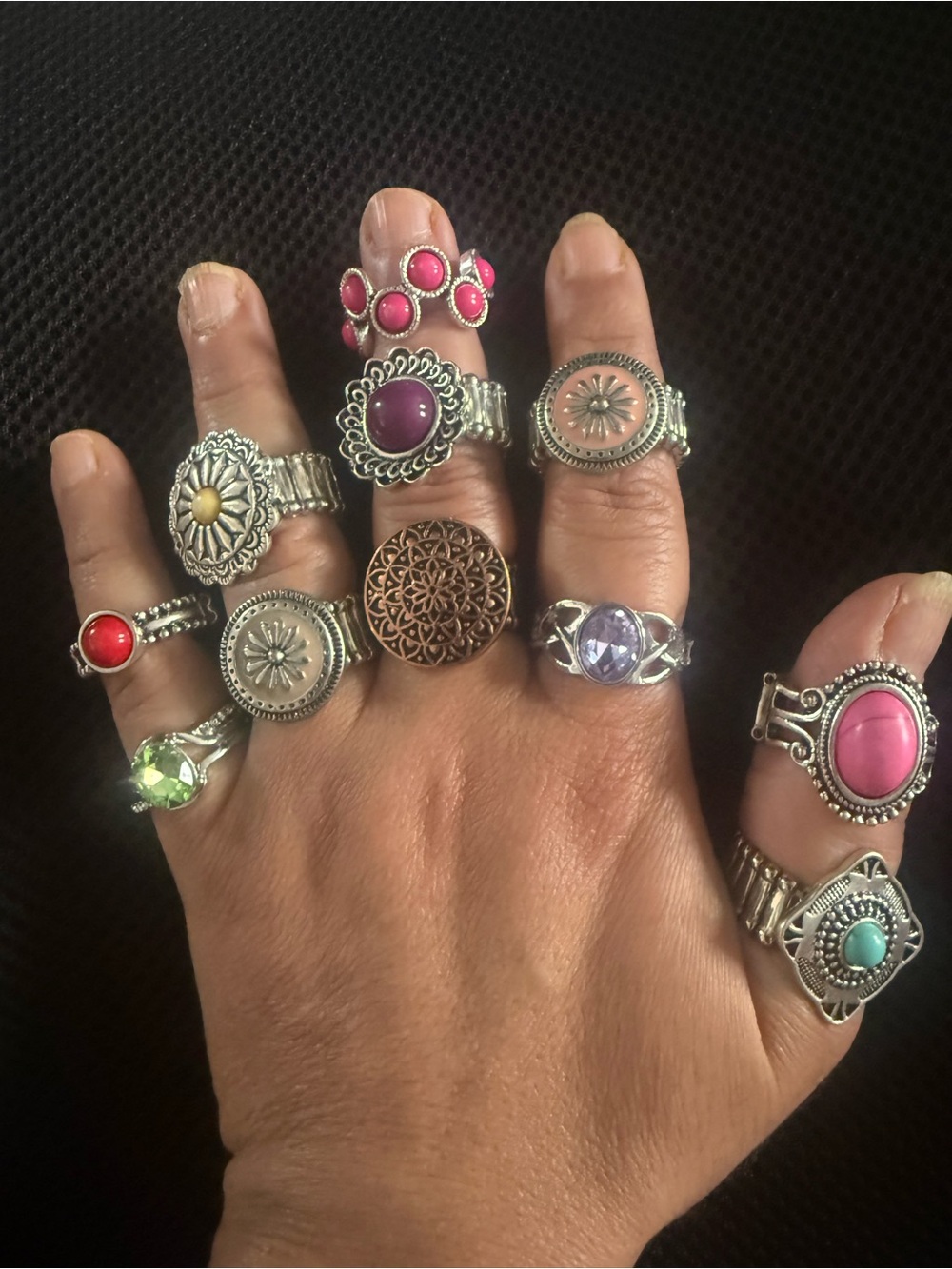 11 rings Pink and Multicolor Boho Stackable Rings Set - elastic one size